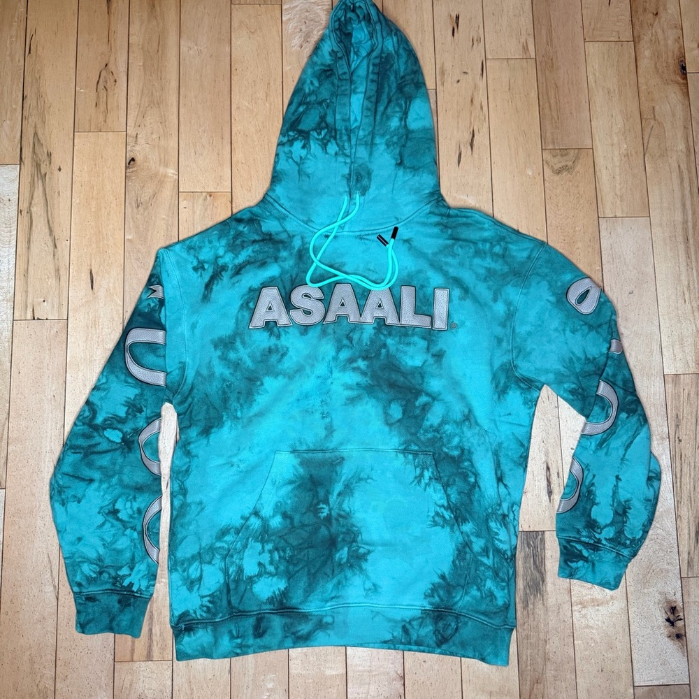 Asaali Ribbon Hoodie Leather Accents - Tie Dye Pullover in a blue/teal SZ  S
